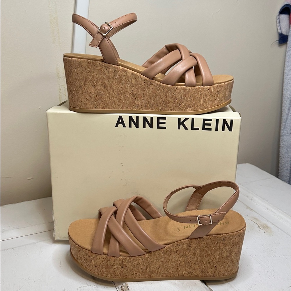 Anne Klein Beige Cork Wedge Sandals
